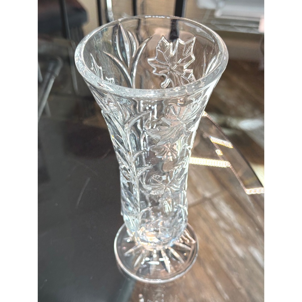 Vintage Clear Crystal Inc Autumn Maple Leaf Bud Vase 1980s 90s Floral Glass
